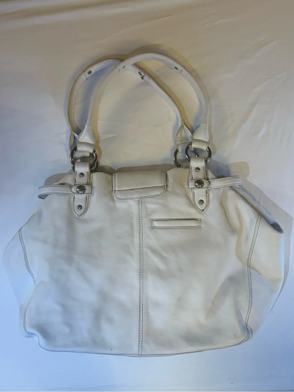 Vintage Y2K White Women's Leather Tote Bag with Decorative Buckle